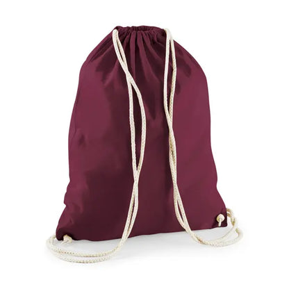 Burgundy red drawstring cotton gymsac with custom logo print, 140 g/m²