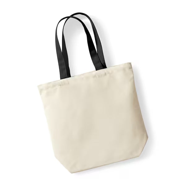 Luonnonvalkoinen Camden-kangaskassi Fairtrade-puuvillasta mustilla kahvoilla, kuvattuna tasaisena, 407 g/m² puuvillacanvas