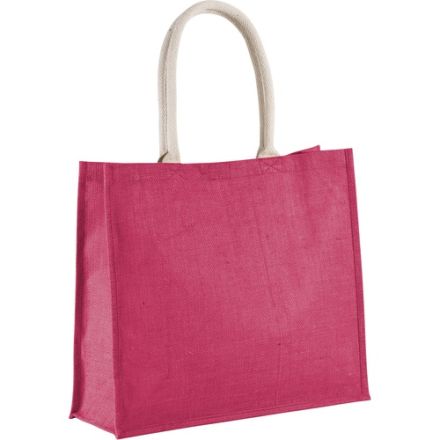Fuchsiarosa strandväska i jute med eget tryck, 42 × 35 cm, 330 g/m², handtag i bomull