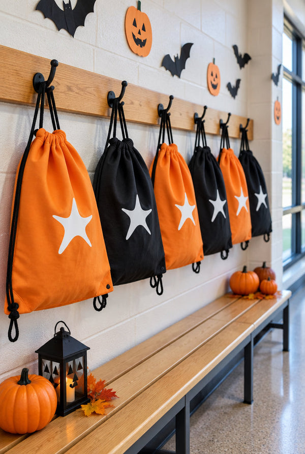 Oranssit ja mustat kiristysnauhakassit valkoisella tähtipainatuksella naulakossa Halloweeniksi koristellussa koulussa