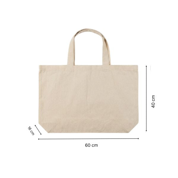 Suuri kangaskassi mittakuvassa: leveys 60 cm, korkeus 40 cm ja 16 cm:n pohjalaajennus