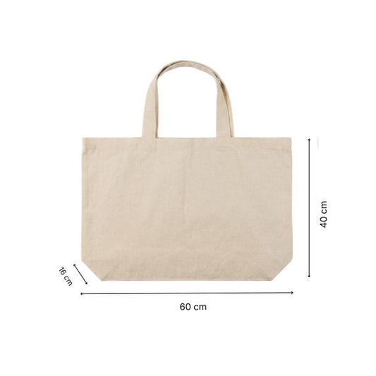 Grand tote bag personnalisé en coton avec dimensions 60 cm de largeur, 40 cm de hauteur et soufflet de 16 cm