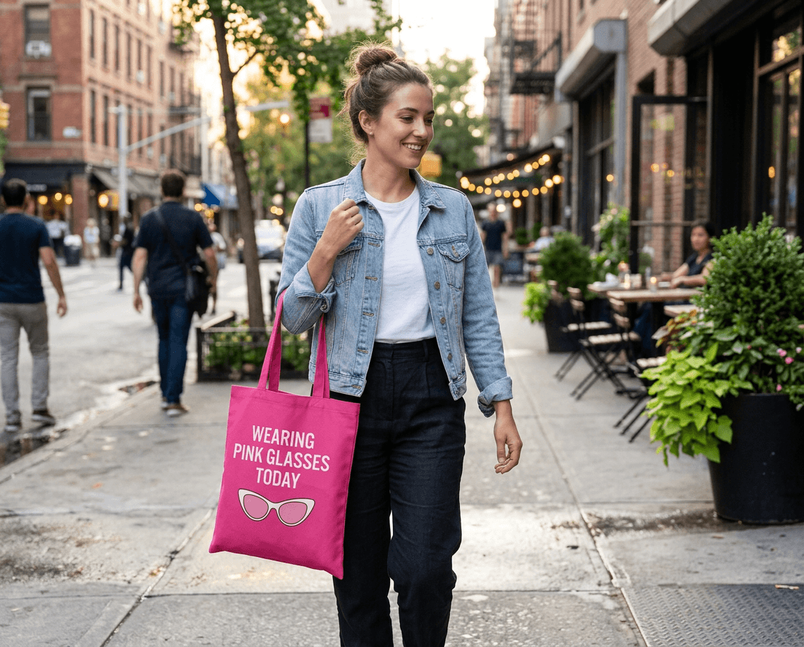 Magentarosa tygkasse i bomull med logotryck (140 g/m², 38×42 cm)