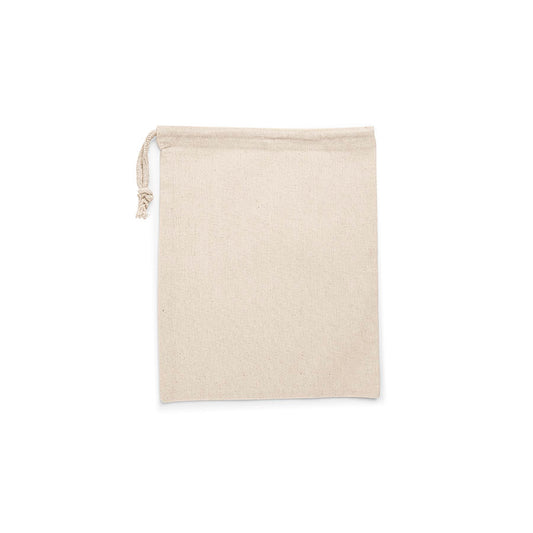 Close-up detail of cotton drawstring bag with one-side rope closure, 140 g/m²