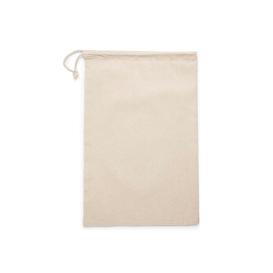 Close-up detail of cotton drawstring bag with one-side rope closure, 140 g/m²