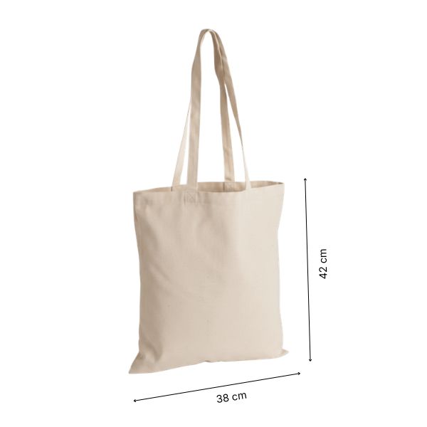 Luonnonvalkoinen premium kangaskassi omalla painatuksella, 38 × 42 cm, korkeus- ja leveysmitat merkittynä