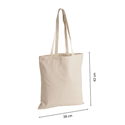 Luonnonvalkoinen premium kangaskassi omalla painatuksella, 38 × 42 cm, korkeus- ja leveysmitat merkittynä