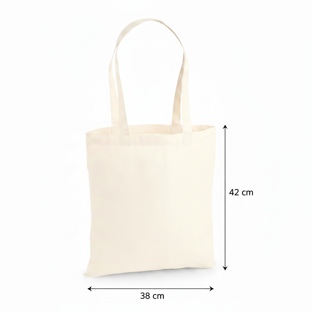 Bolsa de algodón premium natural de 200 g/m² con medidas en cm y pulgadas