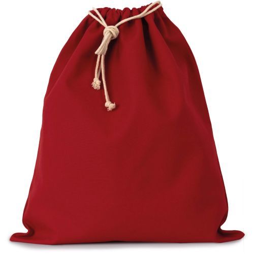 Kirsikanpunainen puuvillainen kiristysnyöripussi kiristysnyörisuljennalla ja omalla painatuksella, 220 g/m², S-koko, 13 × 15 cm