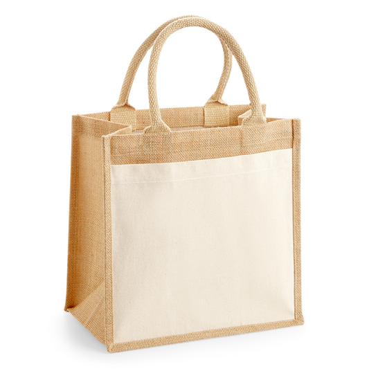 Tote bag midi en jute naturel avec poche en coton et impression de logo personnalisée, 340 g/m², 30 × 30 × 19 cm
