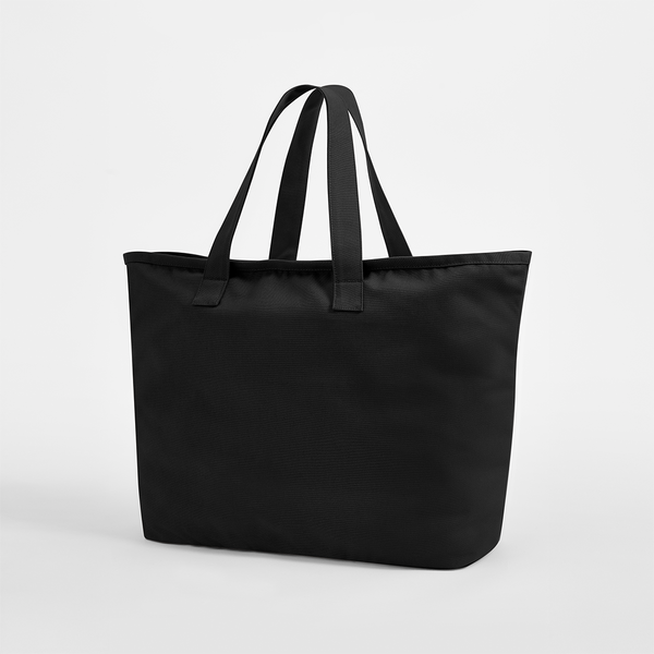 Übergroßer, strapazierfähiger Canvas-Jutebeutel in Schwarz aus 475 g/m² Baumwoll-Canvas, 47 × 40 × 17 cm, bereit für individuellen Logodruck