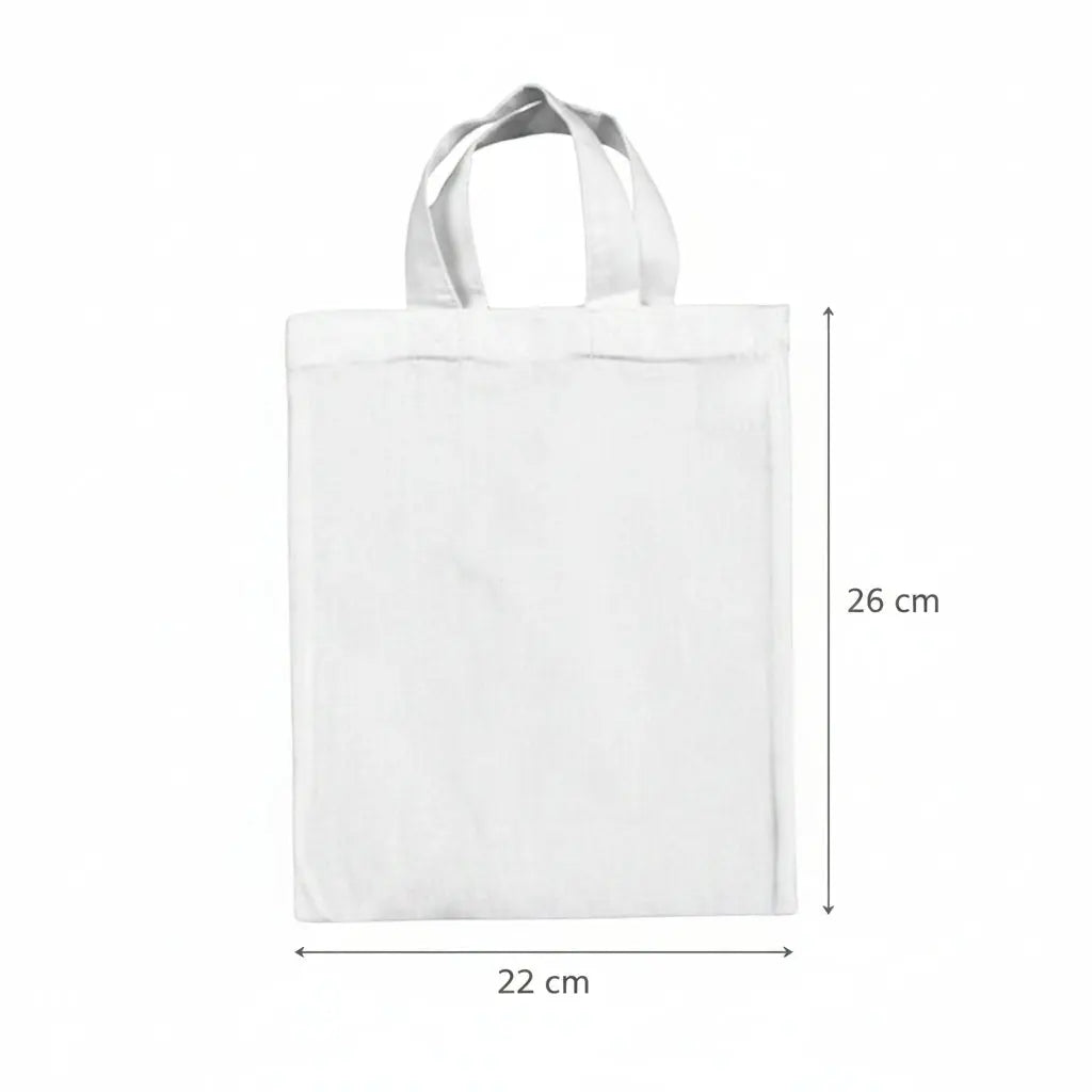 Bolsa de tela de algodón pequeña blanca con estampado personalizado, 22 × 26 cm, con marcas de altura y anchura