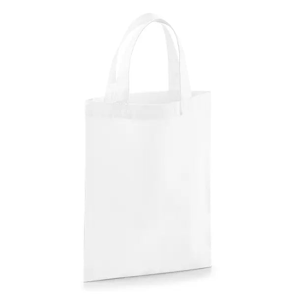 Valkoinen pieni puuvillakassi omalla logopainatuksella, 140 g/m², 19 × 25 cm