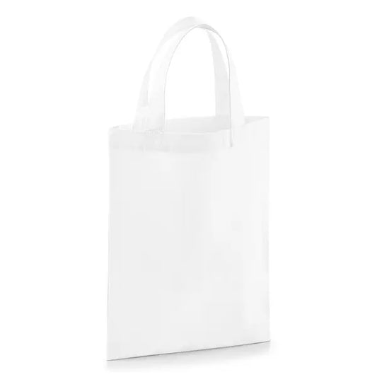 White tiny cotton bag with short handles and custom logo print, 140 g/m², 19 × 25 cm