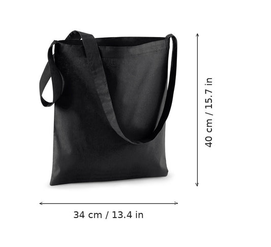 Musta kangaskassi olkahihnalla ja omalla painatuksella, 140 g/m², 34 × 40 cm, mittakuvassa leveys ja korkeus
