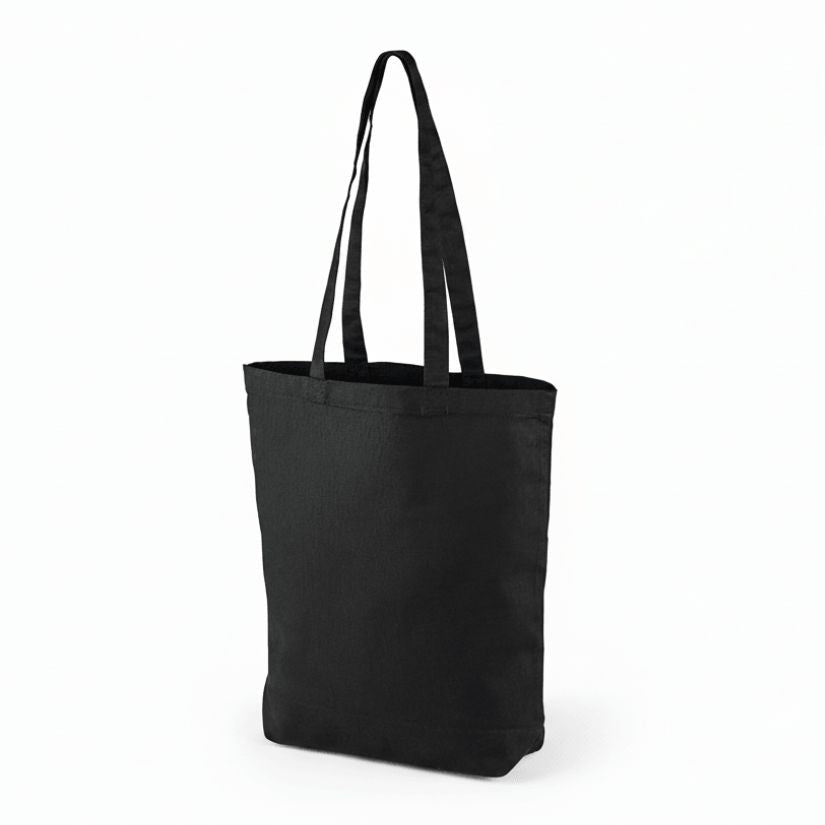 Sort mulepose i bomuld med eget tryk (220 g/m², 38×42 cm, bundkile)