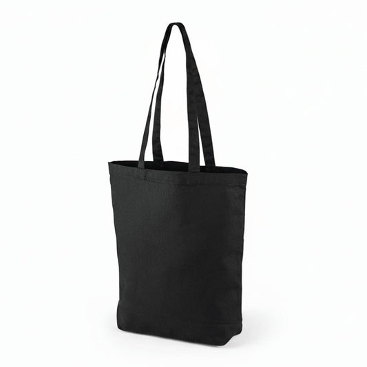 Musta kangaskassi omalla painatuksella (220 g/m², 38×42 cm, pohjakiila)