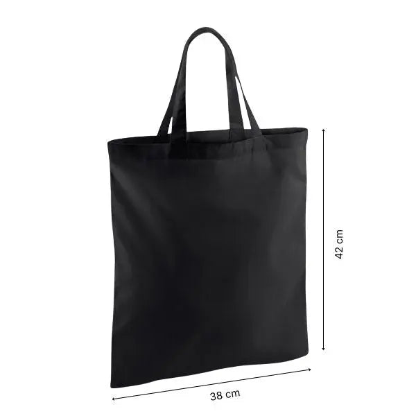 Tote bag noir personnalisé en coton à anses courtes, 38 × 42 cm, avec repères de hauteur et de largeur