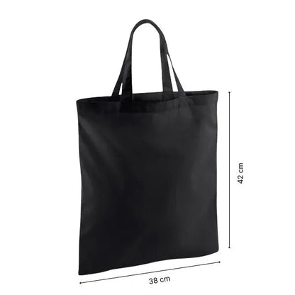 Tote bag noir personnalisé en coton à anses courtes, 38 × 42 cm, avec repères de hauteur et de largeur