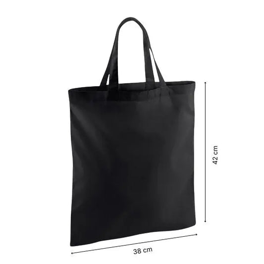 Musta kangaskassi lyhyillä kahvoilla ja omalla painatuksella, 38 × 42 cm, korkeus- ja leveysmitat merkittynä