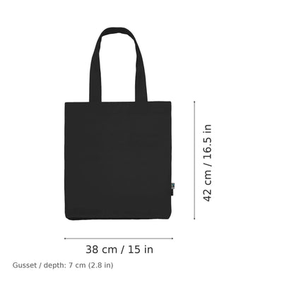 Musta luomu-twill-kangaskassi omalla painatuksella, 210 g/m², 38 × 42 cm ja 7 cm:n levike, mittakuvassa leveys ja korkeus