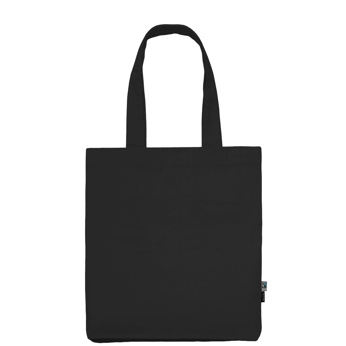 Musta Fairtrade-luomutwill-kangaskassi logopainatuksella