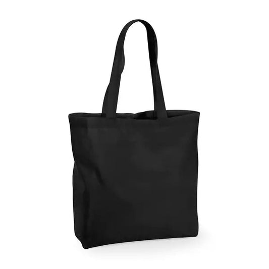 Musta suuri laskostettu kangaskassi omalla logopainatuksella, 140 g/m²
