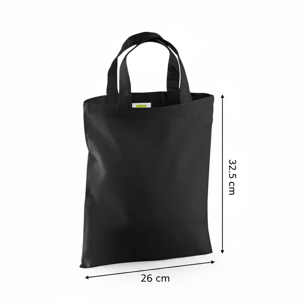 Mini bolsa de algodón negra con medidas de 26 cm de ancho y 32,5 cm de alto