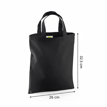 Mini bolsa de algodón negra con medidas de 26 cm de ancho y 32,5 cm de alto