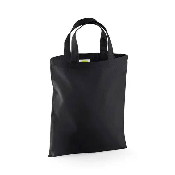 Mini bolsa de tela de algodón negra con asas cortas y logotipo estampado personalizado, 140 g/m², 26 × 32,5 cm