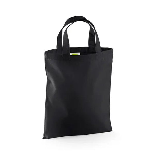 Musta mini puuvillakassi omalla logopainatuksella, 140 g/m², 26 × 32,5 cm