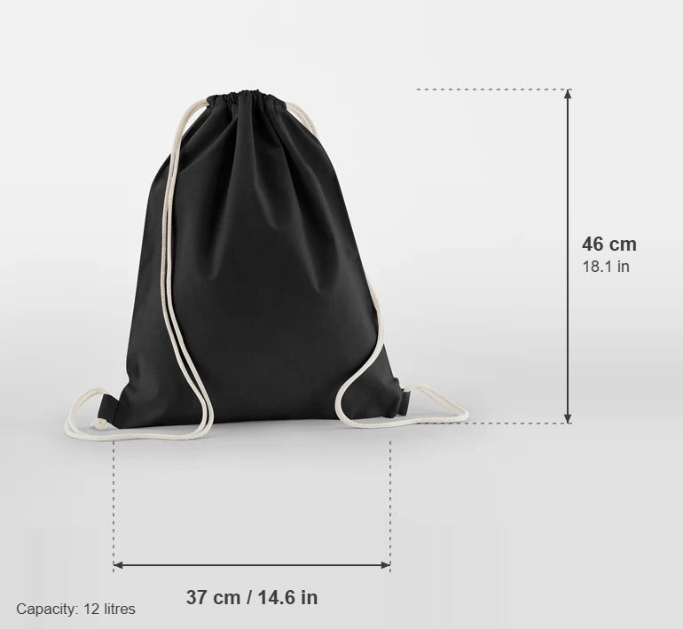 Luomupuuvillainen kiristysnyöripussi, väri Musta, 140 g/m², mitat: leveys 37 cm, korkeus 46 cm, tilavuus 12 litraa