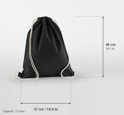 Luomupuuvillainen kiristysnyöripussi, väri Musta, 140 g/m², mitat: leveys 37 cm, korkeus 46 cm, tilavuus 12 litraa