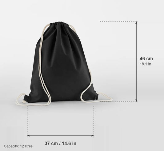 Luomupuuvillainen kiristysnyöripussi, väri Musta, 140 g/m², mitat: leveys 37 cm, korkeus 46 cm, tilavuus 12 litraa