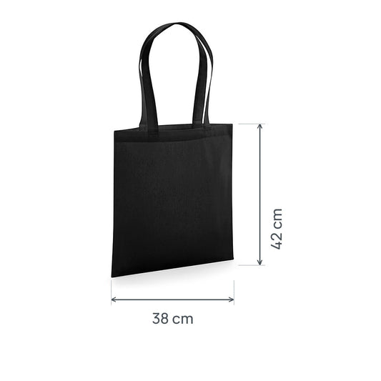 Tote bag en coton bio premium noir certifié GOTS, 200 g/m², 38 × 42 cm, avec cotes de hauteur et de largeur