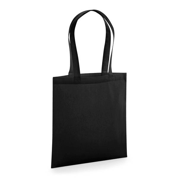 Svart GOTS-certifierad ekologisk premium tygkasse med långa handtag och eget logotyptryck, 200 g/m², 38 × 42 cm