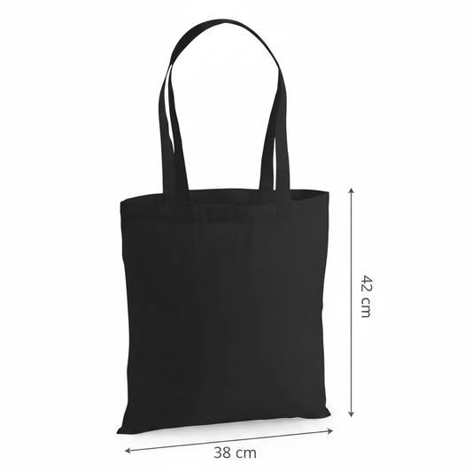 Sac cabas premium en coton noir 200 g/m² avec dimensions en cm et en pouces