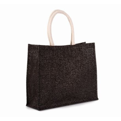 Sort og sølv jute-strandtaske med eget tryk, 42 × 35 cm, 330 g/m², hanke i bomuld