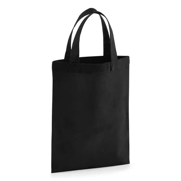 Black tiny cotton bag with short handles and custom logo print, 140 g/m², 19 × 25 cm
