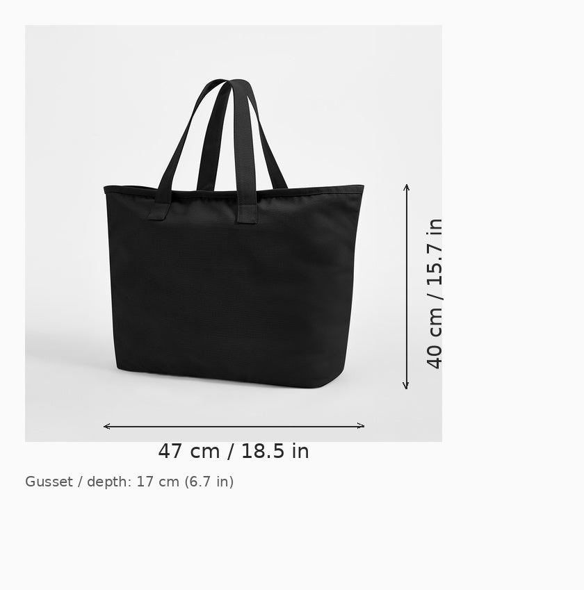 Maßdiagramm des übergroßen, strapazierfähigen Canvas-Jutebeutels in Schwarz — 47 cm Breite × 40 cm Korpushöhe, 17 cm Faltentiefe