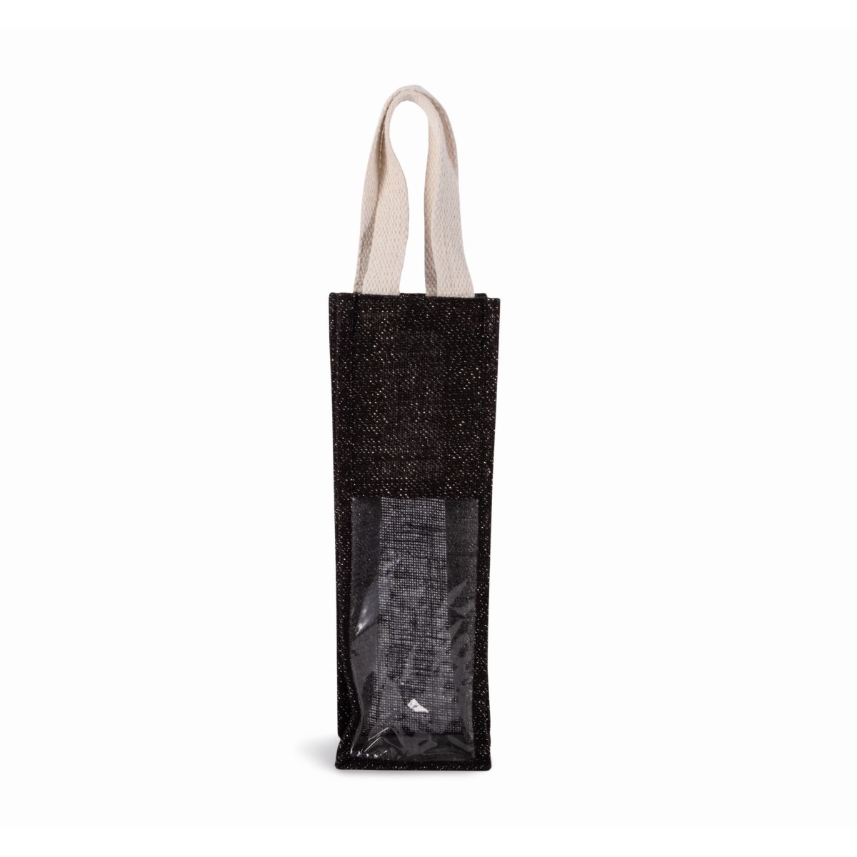 Porta vino in juta nero/argento con stampa del logo (330 g/m², 12×10×36 cm)