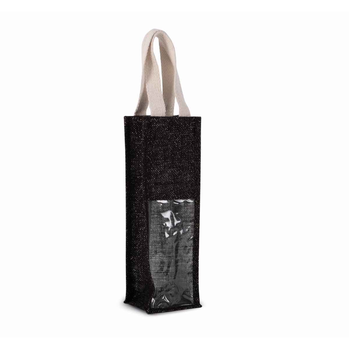 Porta bottiglia in juta nero/argento con stampa del logo (330 g/m², 12×10×36 cm)