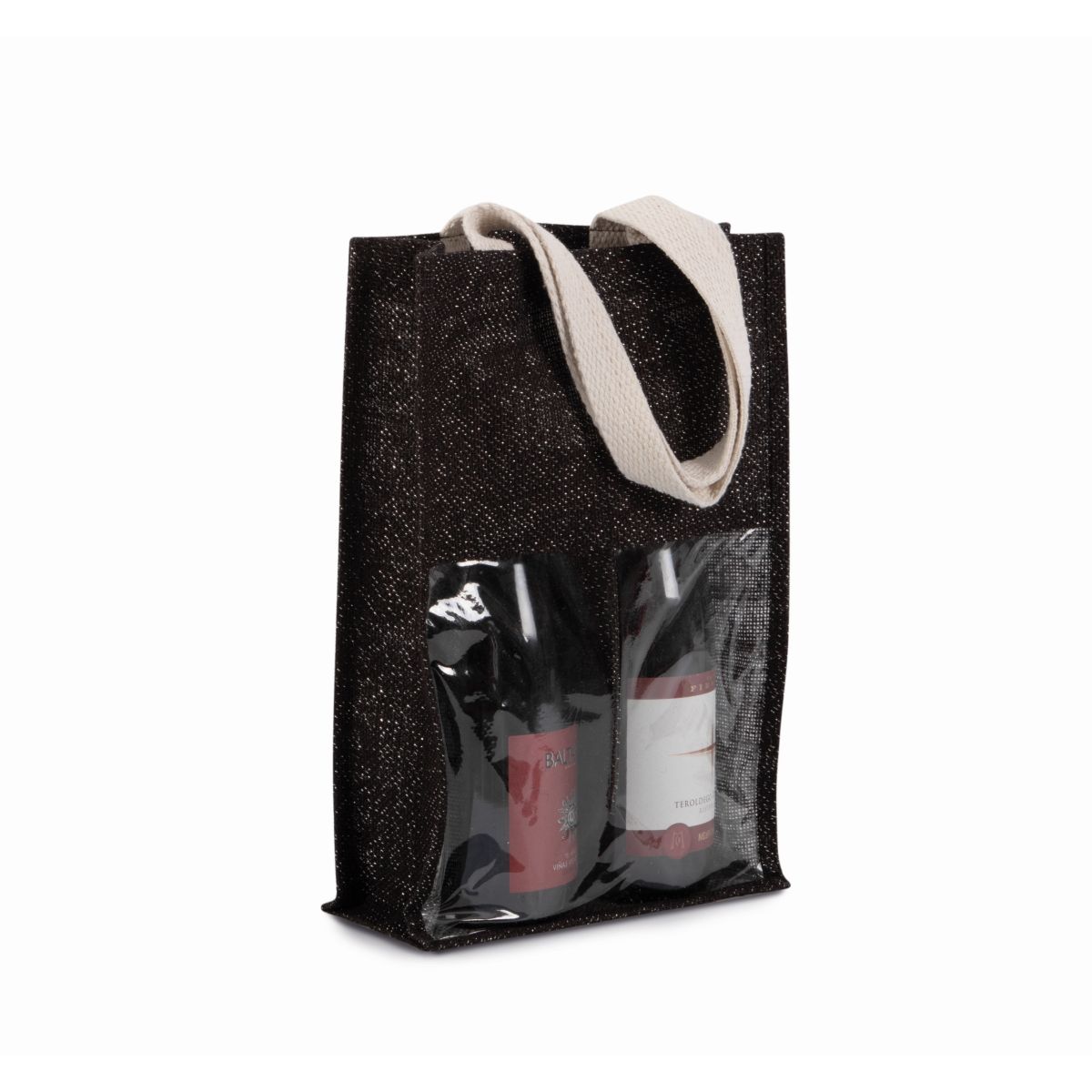Black and silver jute wine bag for two bottles with logo print, 330 g/m²