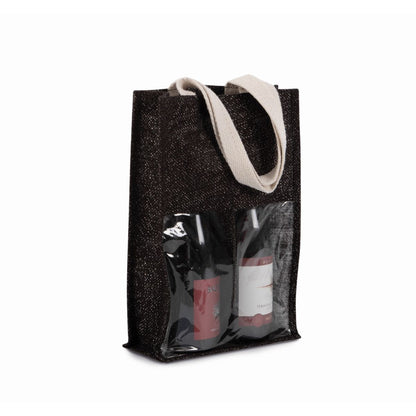 Black and silver jute wine bag for two bottles with logo print, 330 g/m²