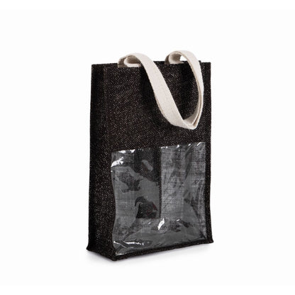 Black and silver jute wine bag for two bottles with logo print and white handles, 330 g/m²
