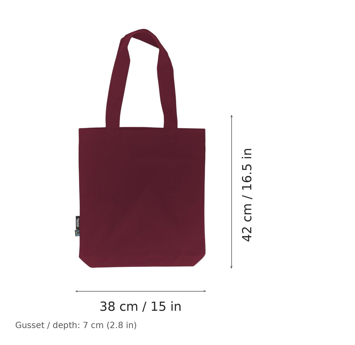 Bordeaux red Fairtrade organic twill cotton tote bag with logo print, 210 g/m², 38 × 42 cm with 7 cm gusset, shown with width and height measurement markings