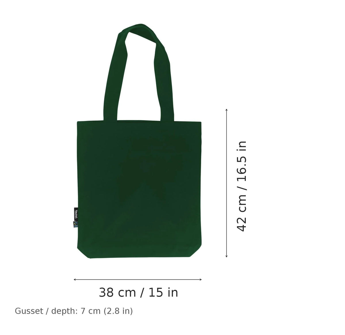 Bottle green Fairtrade organic twill cotton tote bag with logo print, 210 g/m², 38 × 42 cm with 7 cm gusset, shown with width and height measurement markings
