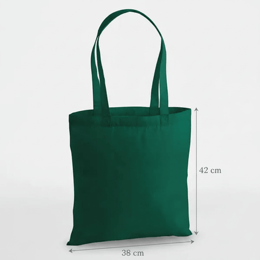 Sac cabas premium en coton vert bouteille 200 g/m² avec dimensions en cm et en pouces