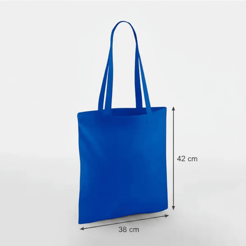 Bright royal blue classic cotton tote bag with long handles and custom print, 38 × 42 cm, shown with height and width measurement markings