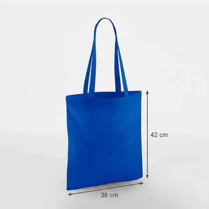 Bright royal blue classic cotton tote bag with long handles and custom print, 38 × 42 cm, shown with height and width measurement markings